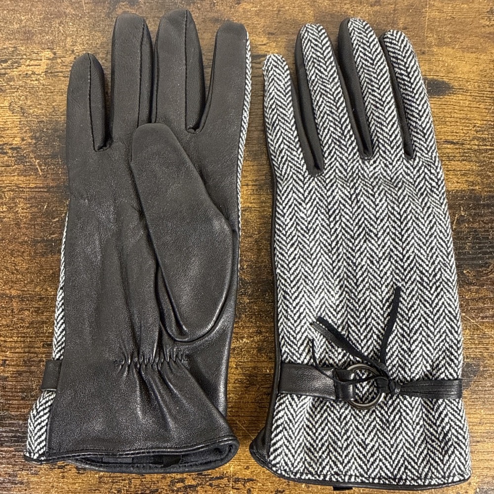 Perfectly Patricia Leather Wool Herringbone Gloves Black Women’s Large NEW!